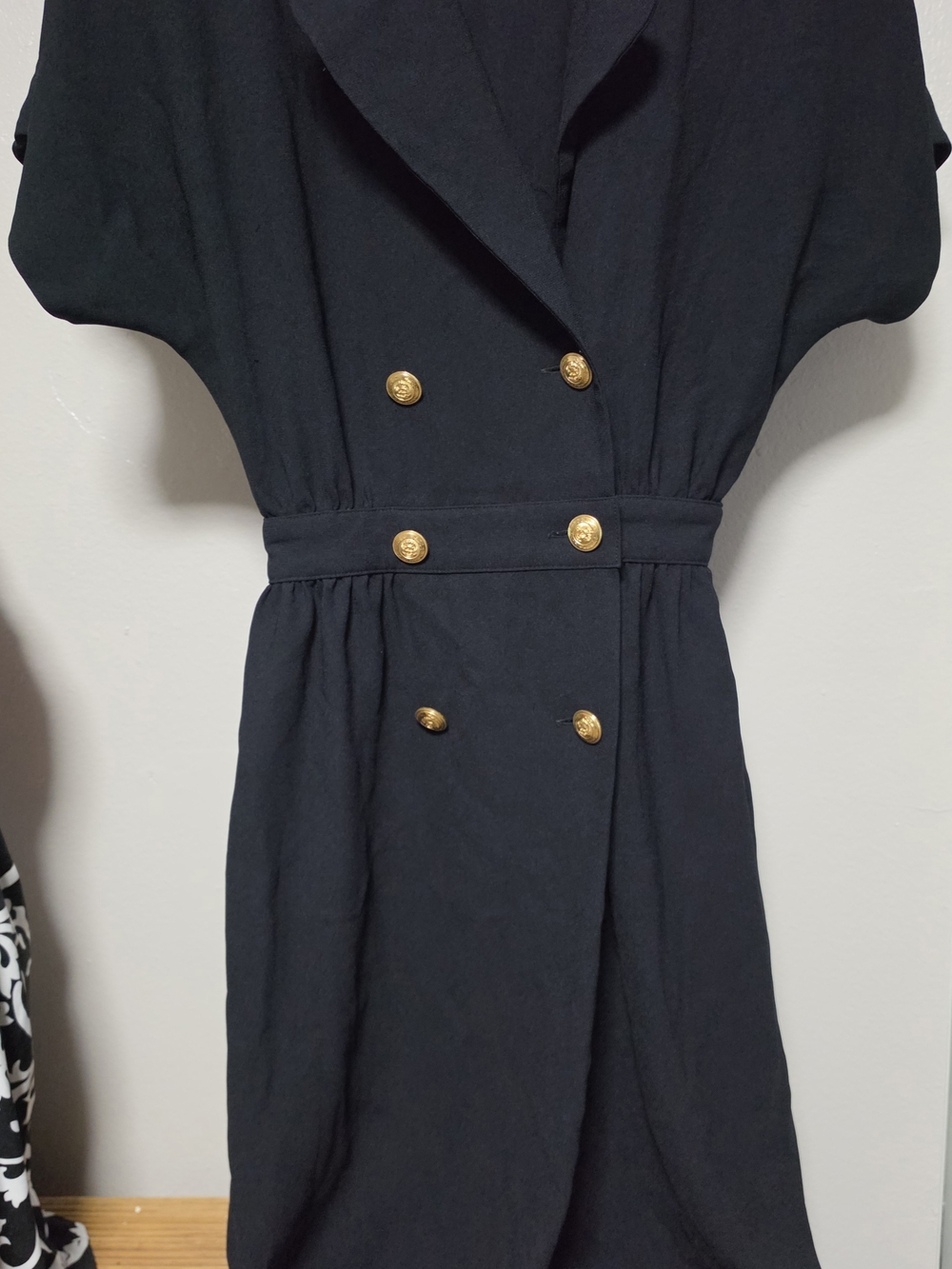 Claiborne Black Midi Dress Gold Buttons Double Breasted Short Dolman Sleeve S